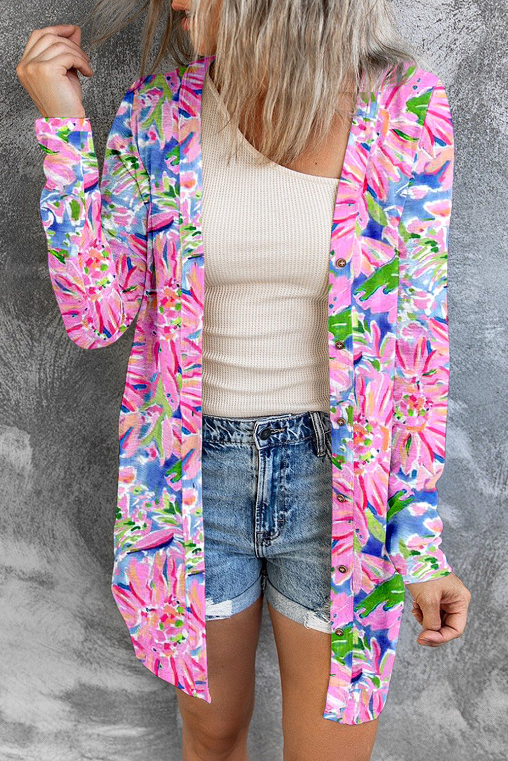 Cardigan for Women Flower Long-Sleeve Button Up