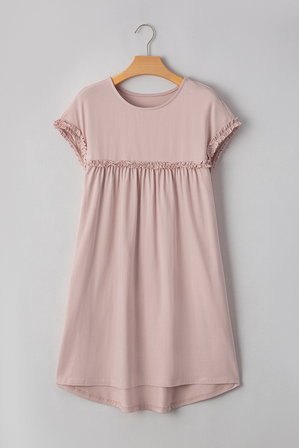 Frilled Trim Crew Neck Loose Fit Mini Dress