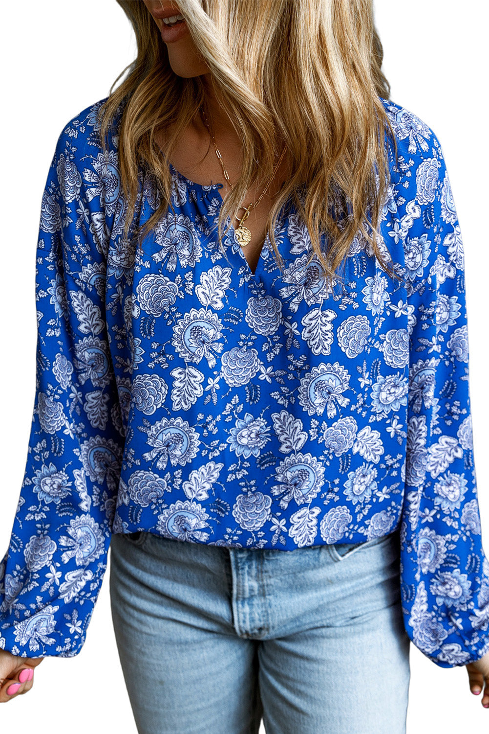 Blouse for Women Floral-Print Notched V Neck Long-Sleeve