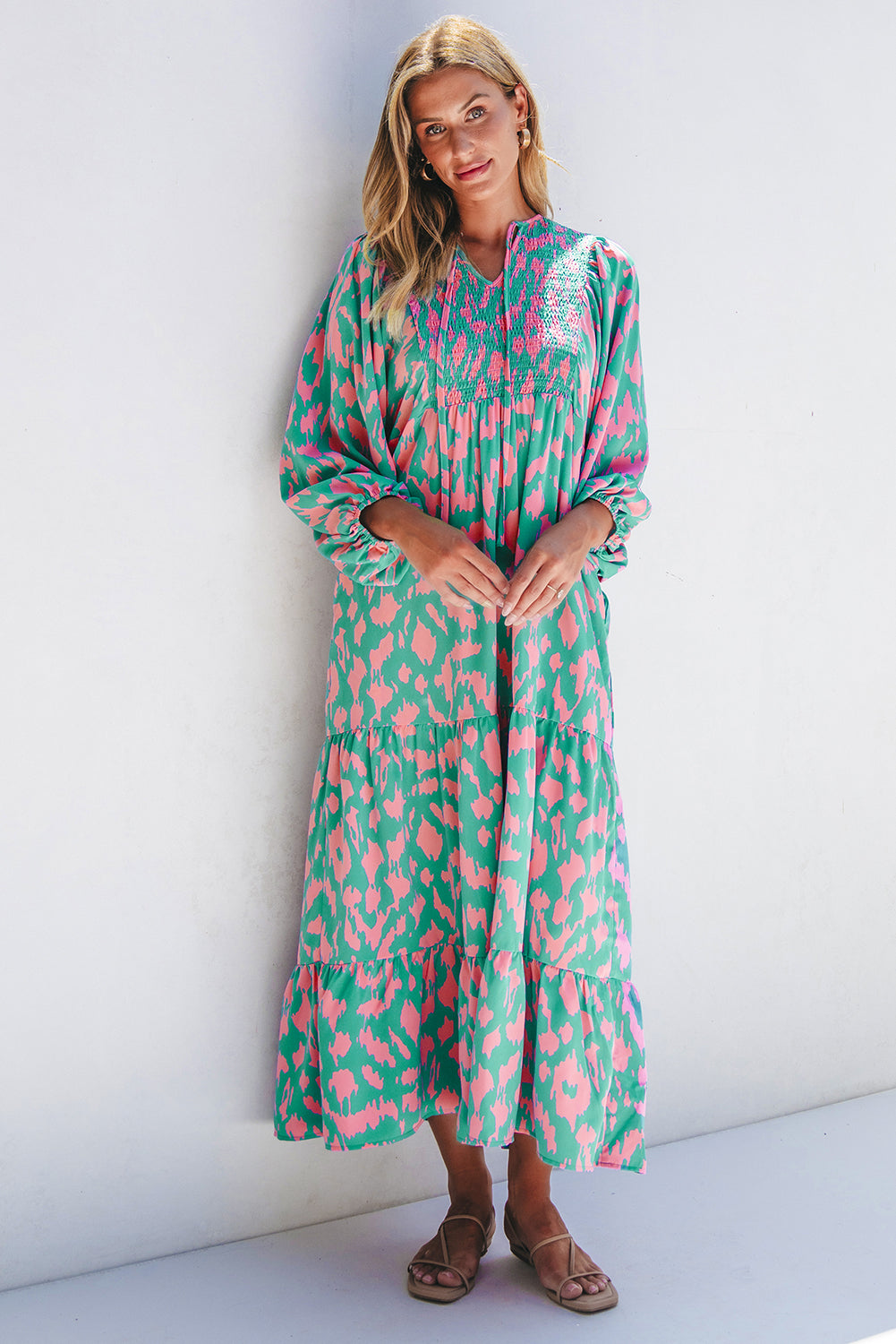 Women's Dress Featuring Tie-Front Notched Neck Long