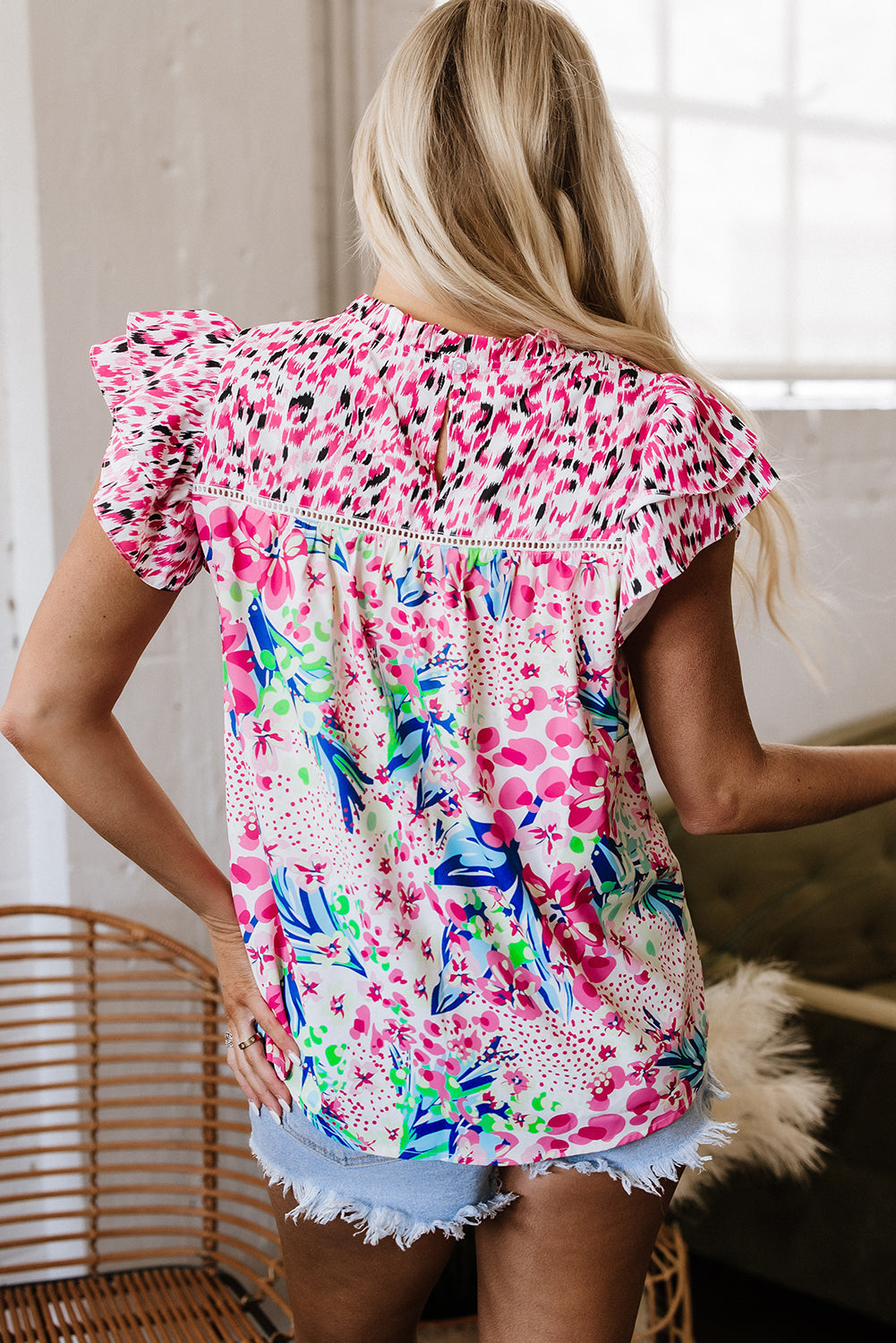 Floral Mixed Print Ruffle Cap Sleeve Blouse