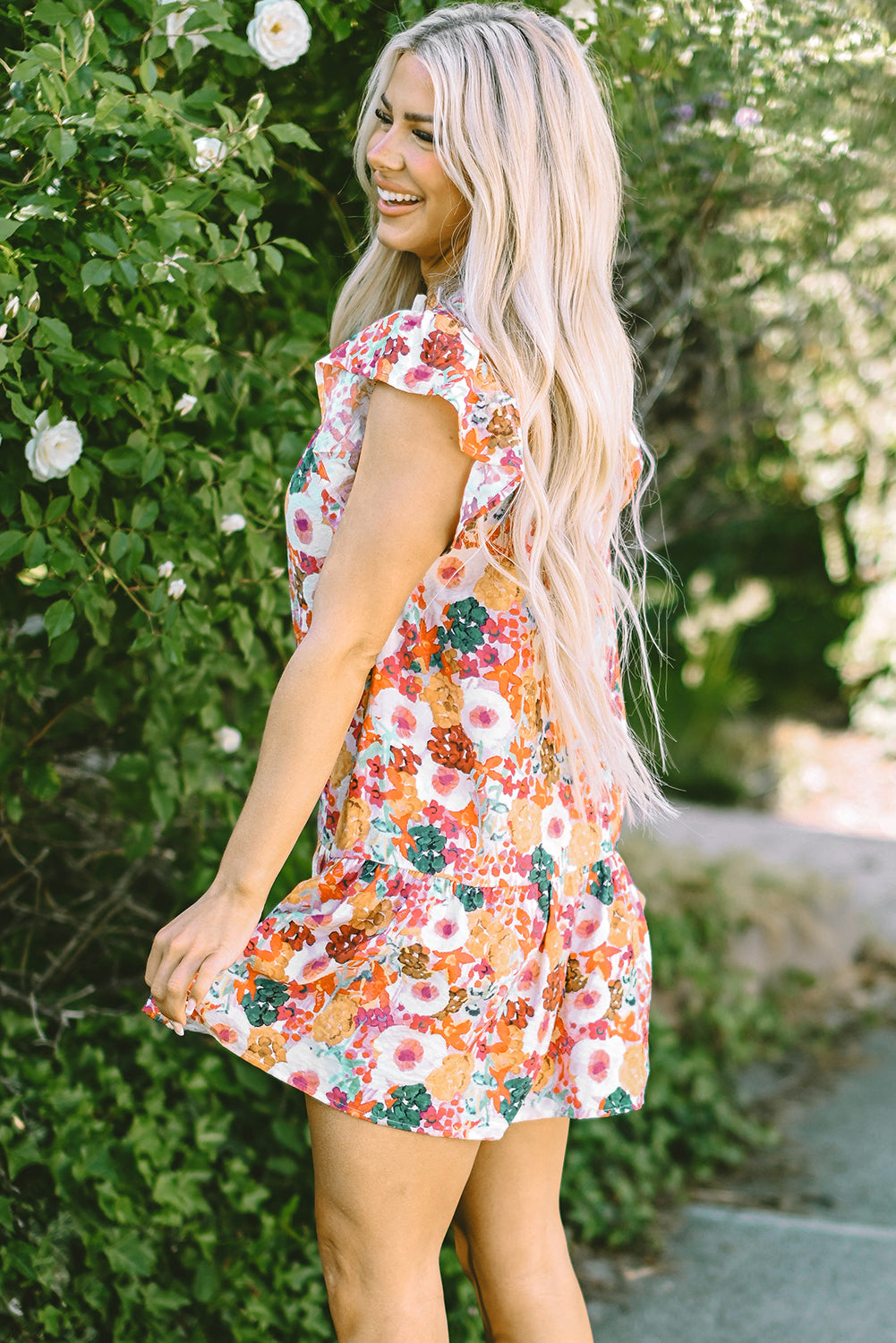 Women's Dresses Featuring Split Neck Flutter Floral-Print Print