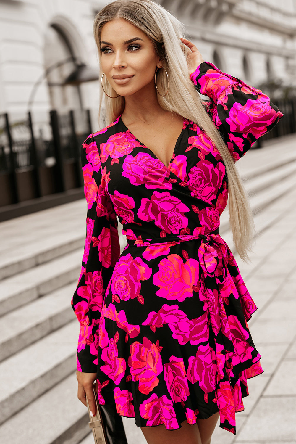 Dresses for Women Print V Neck Wrap Bishop Sleeve Ruffle-Trimmed Layered Mini Floral-Print