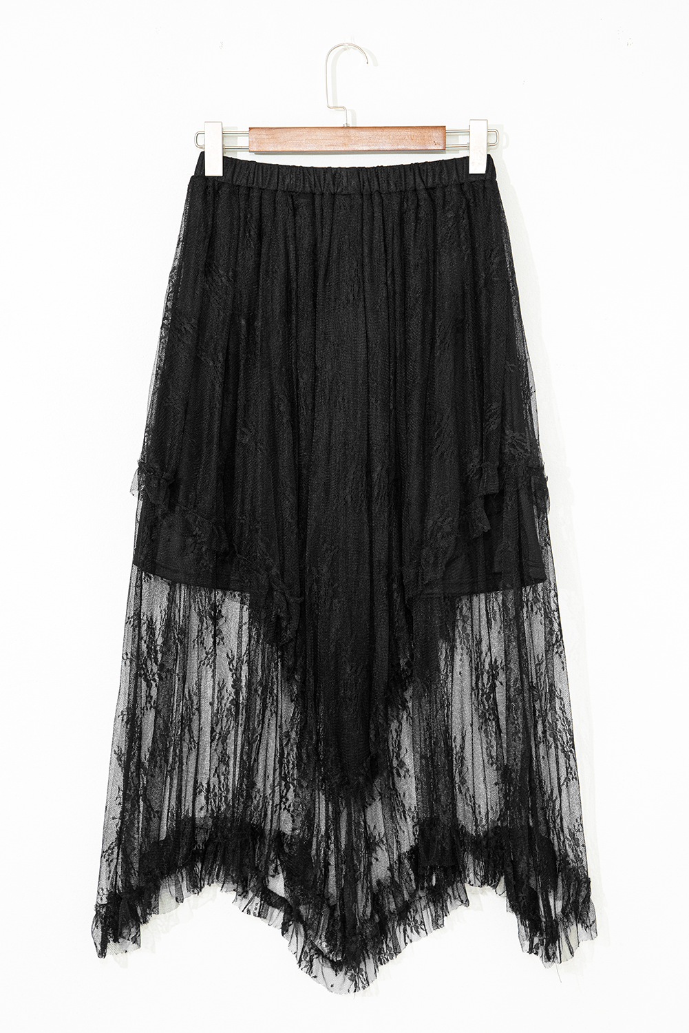 Lace High-Waisted Cascading Tiered Maxi Skirt in Black