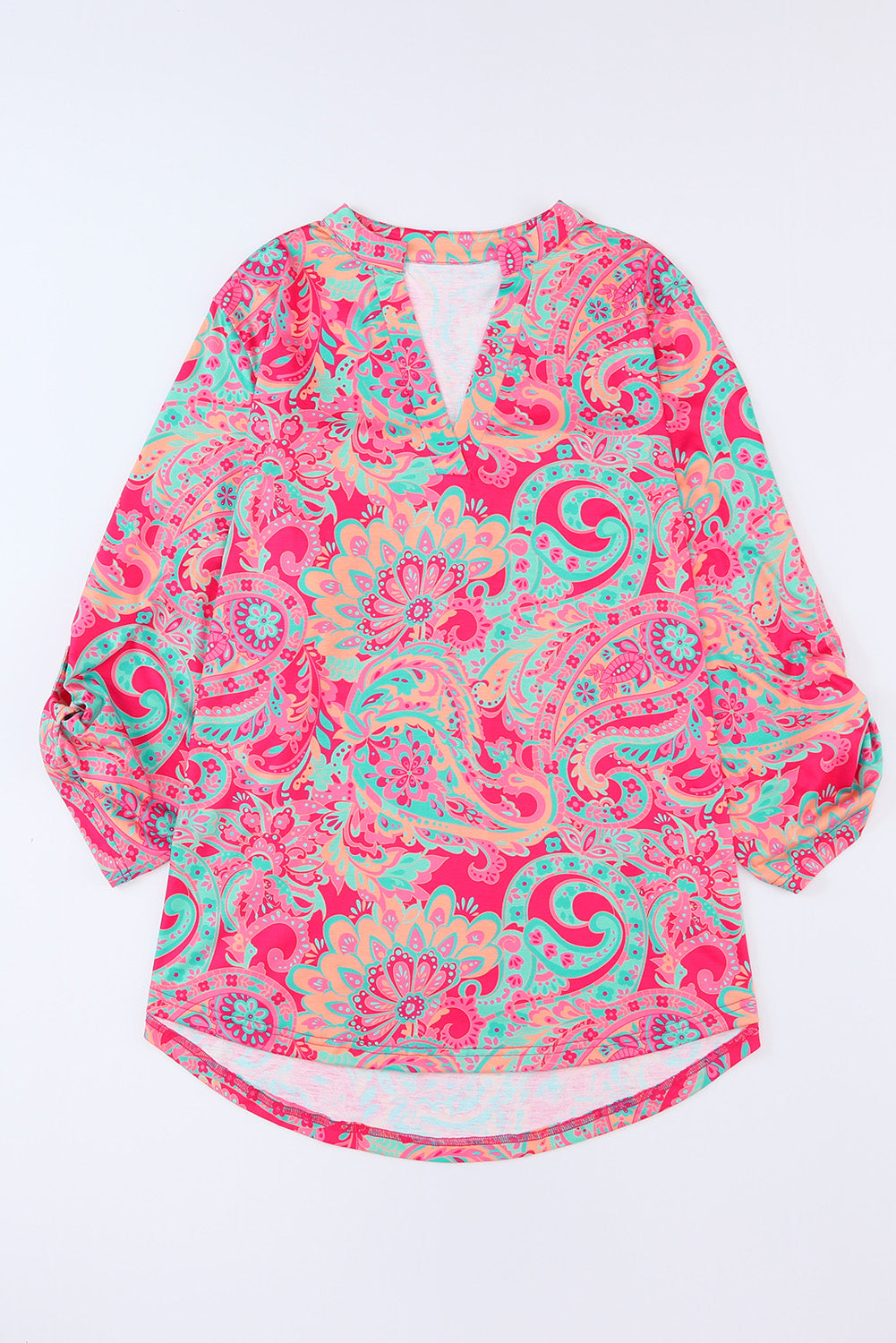Women's Plus Size Paisley Print V Neck Roll Tab Sleeve Blouse