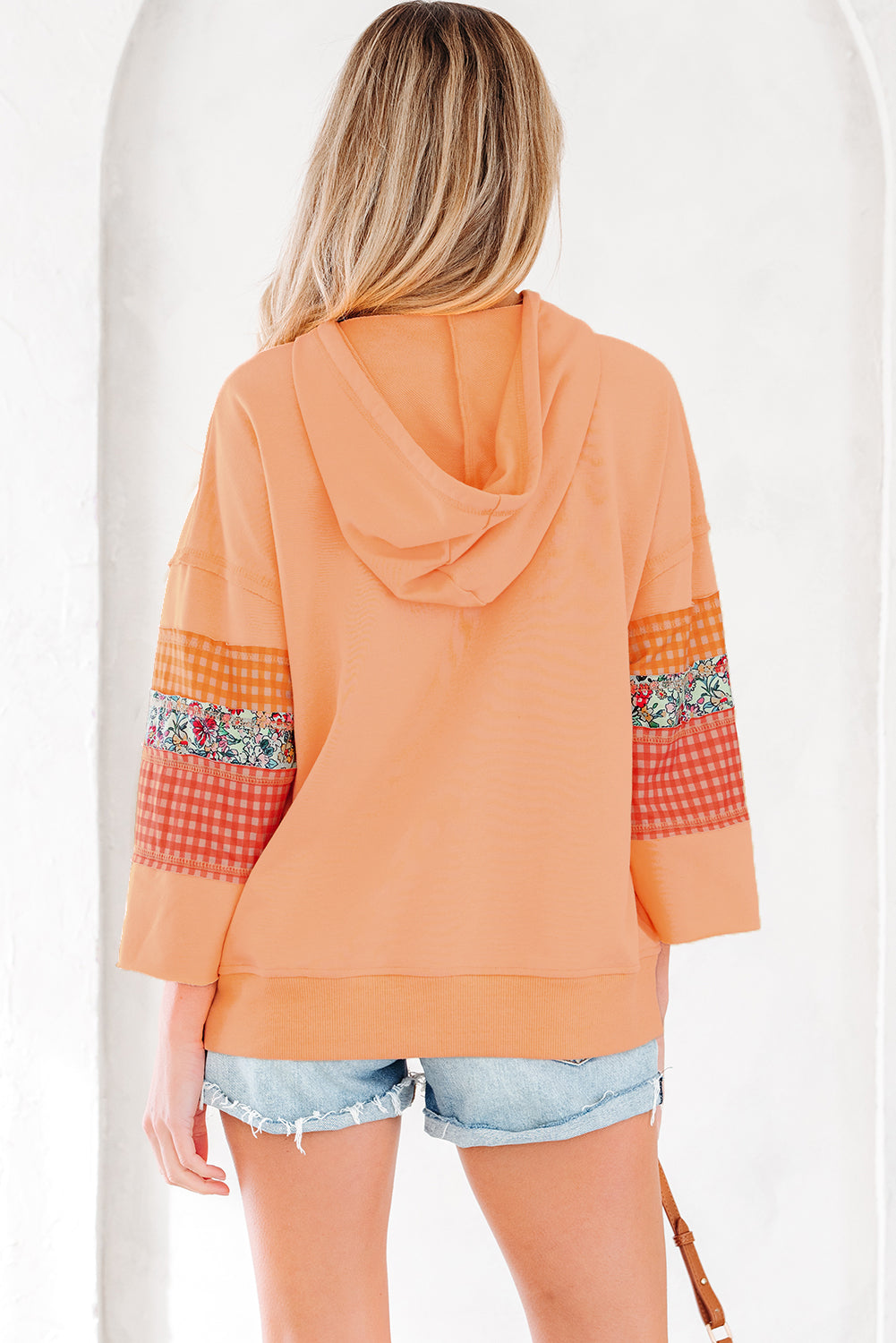 Plaid Floral Patchwork Kangaroo Pocket Hooded Long-Sleeved Top