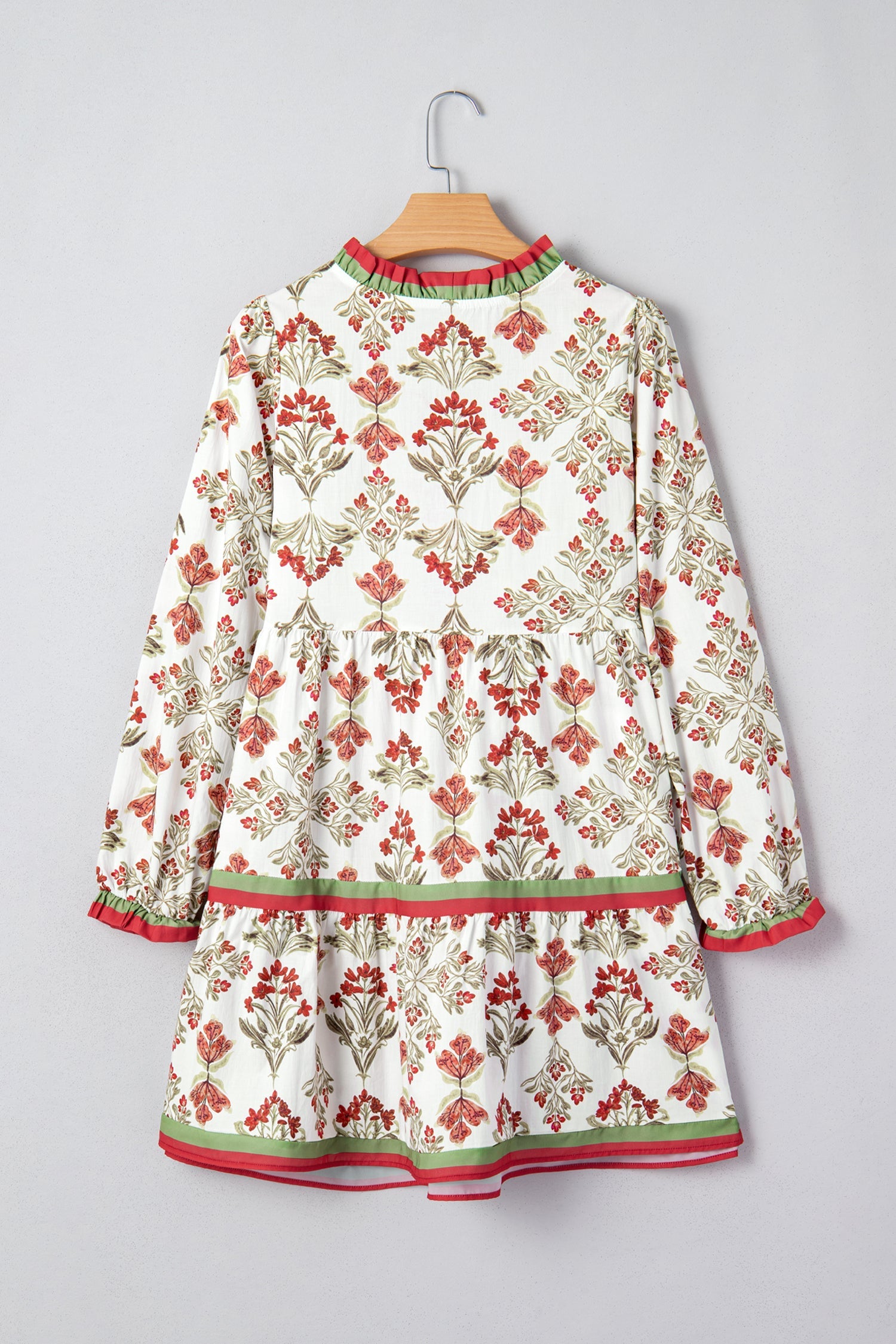 Trim Floral-Print Contrast Frilled Neck Long-Sleeved Flared Dress