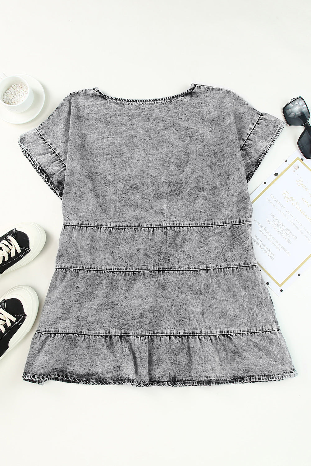 Top for Women Flutter Sleeves Layered Denim