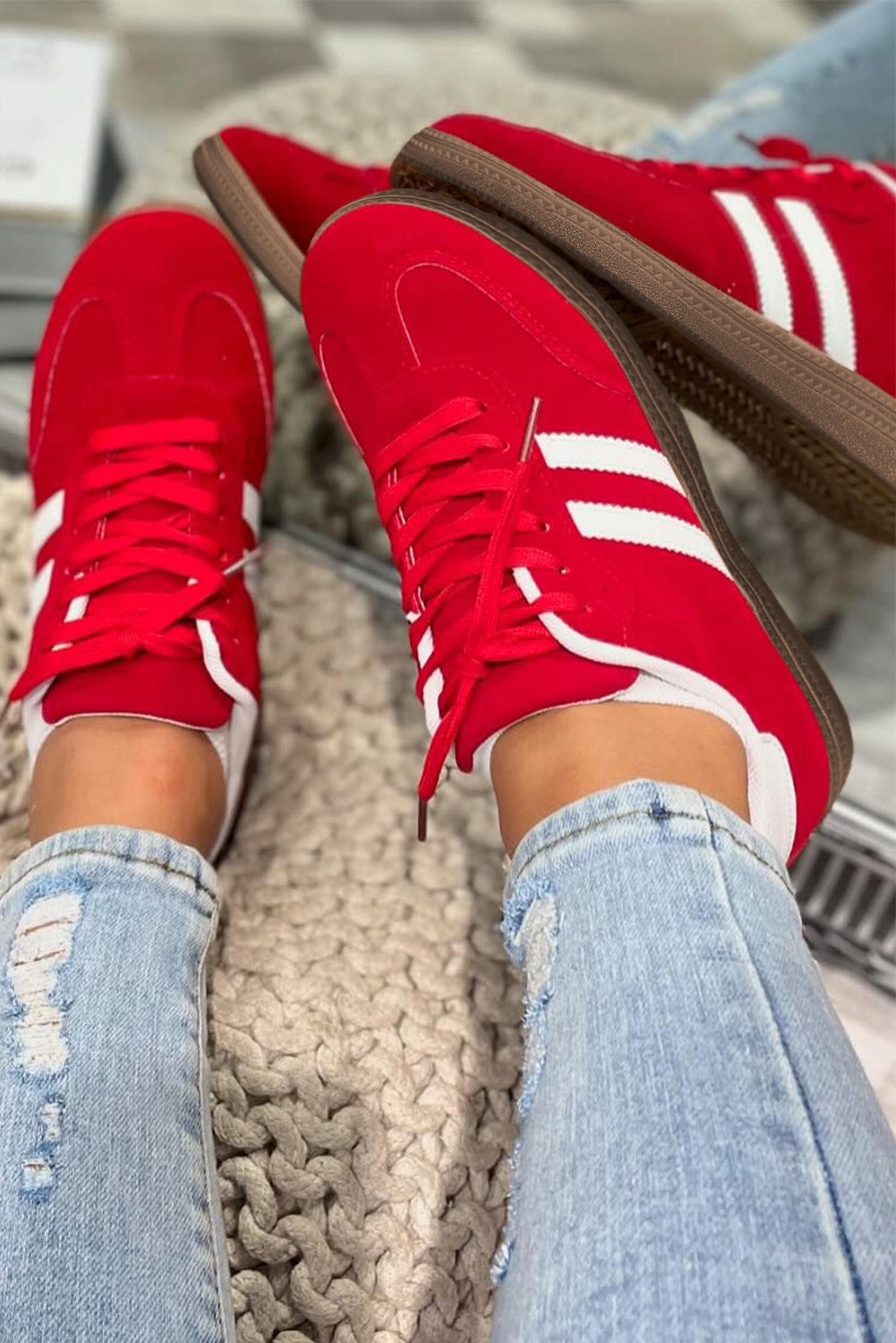 Retro Lace-up Striped Patchwork Flat Shoes