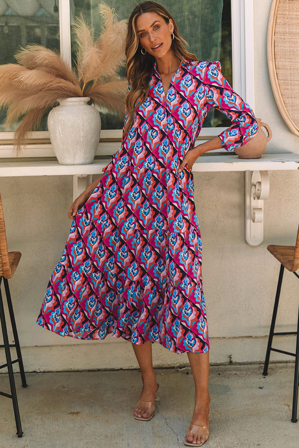 Women's High-Rise Geometric Long-Sleeve Dress
