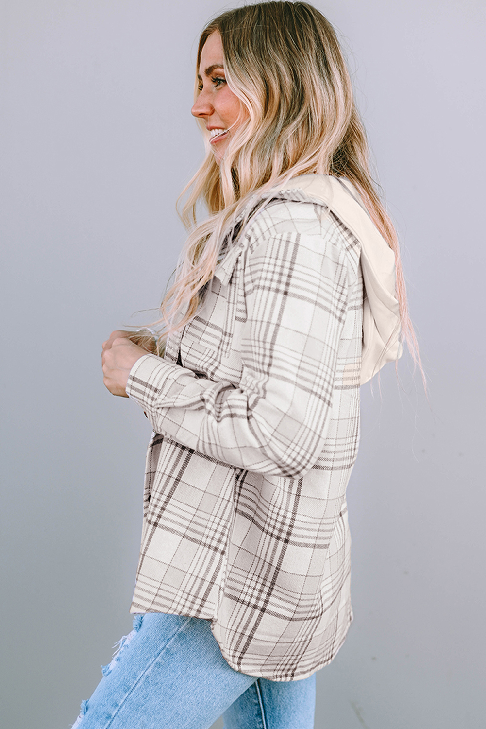 Women's Shacket Featuring Button-Front Plaid Hood