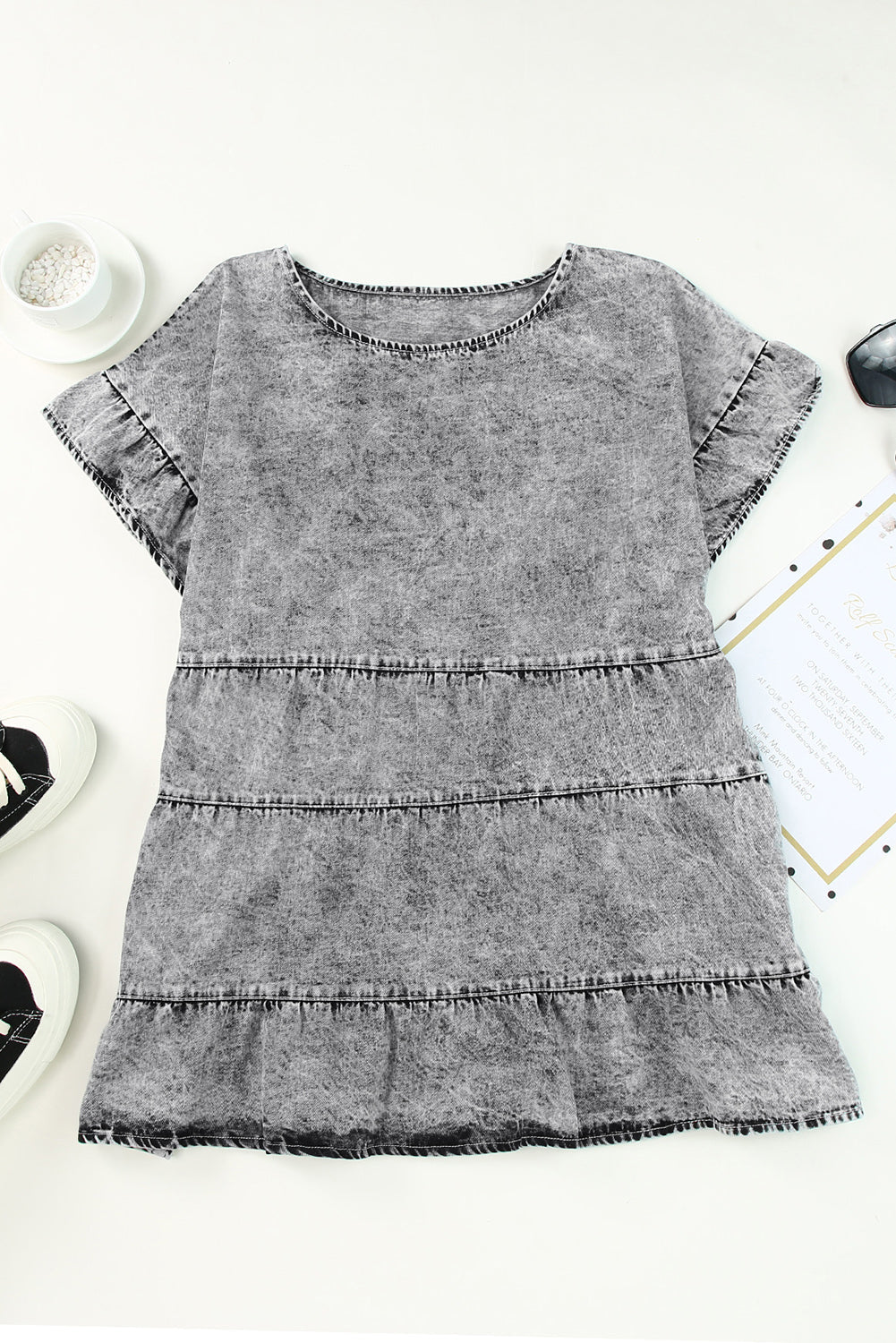 Top for Women Flutter Sleeves Layered Denim