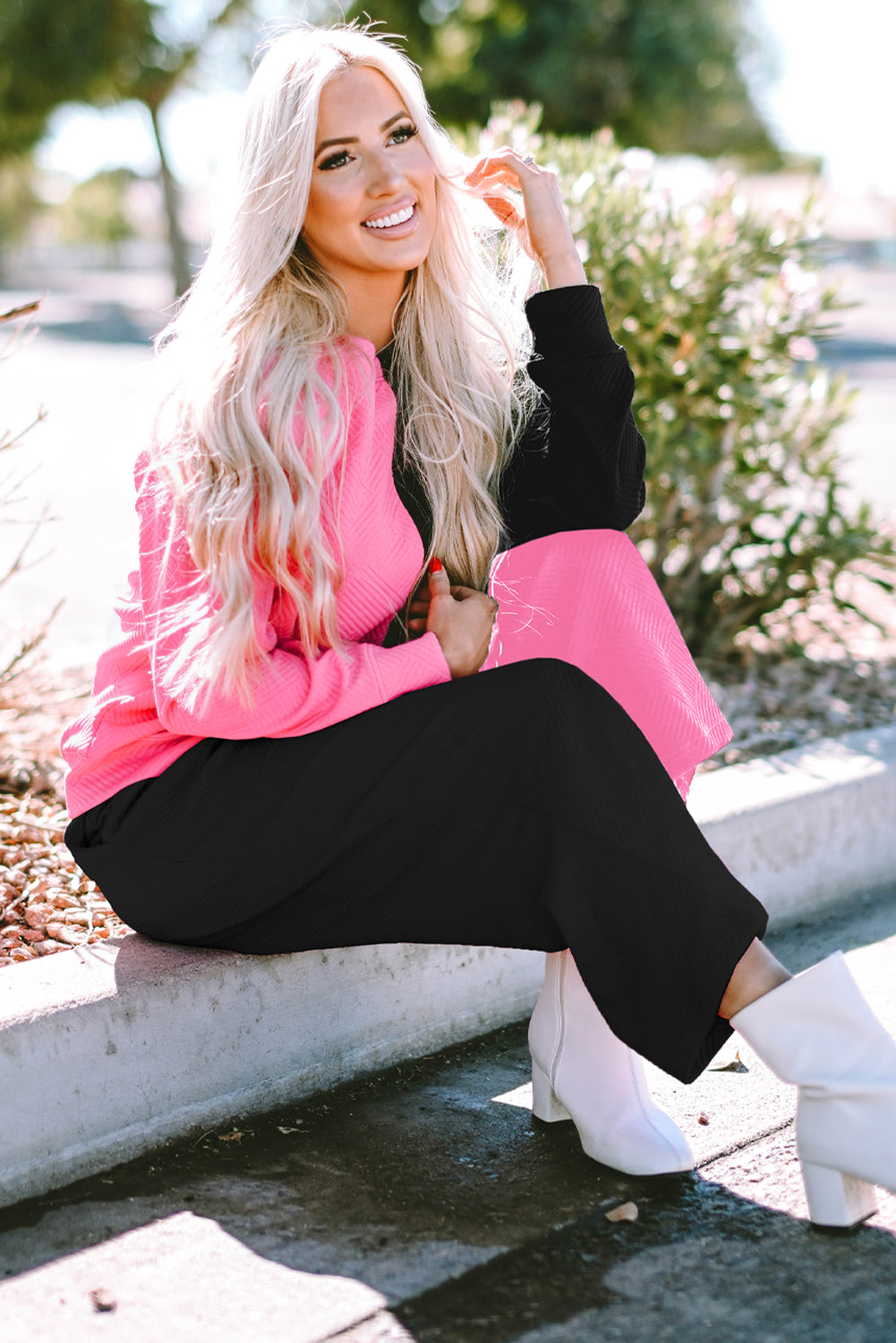 Women's Textured Everyday 2-Piece Contrast Color-Block Outfit