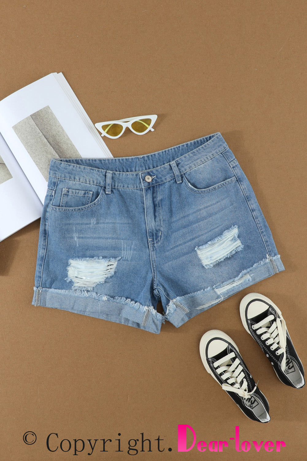 Women's Shorts with Distressed Ripped Rolled Hem Denim