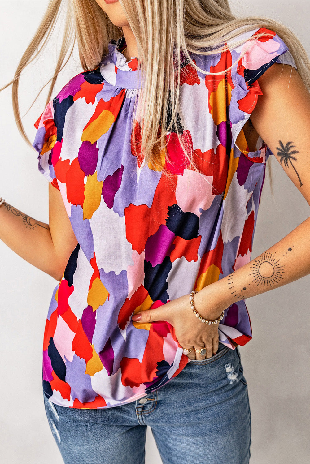 Top for Women Frill Mock Neck Ruffle-Trimmed Cap