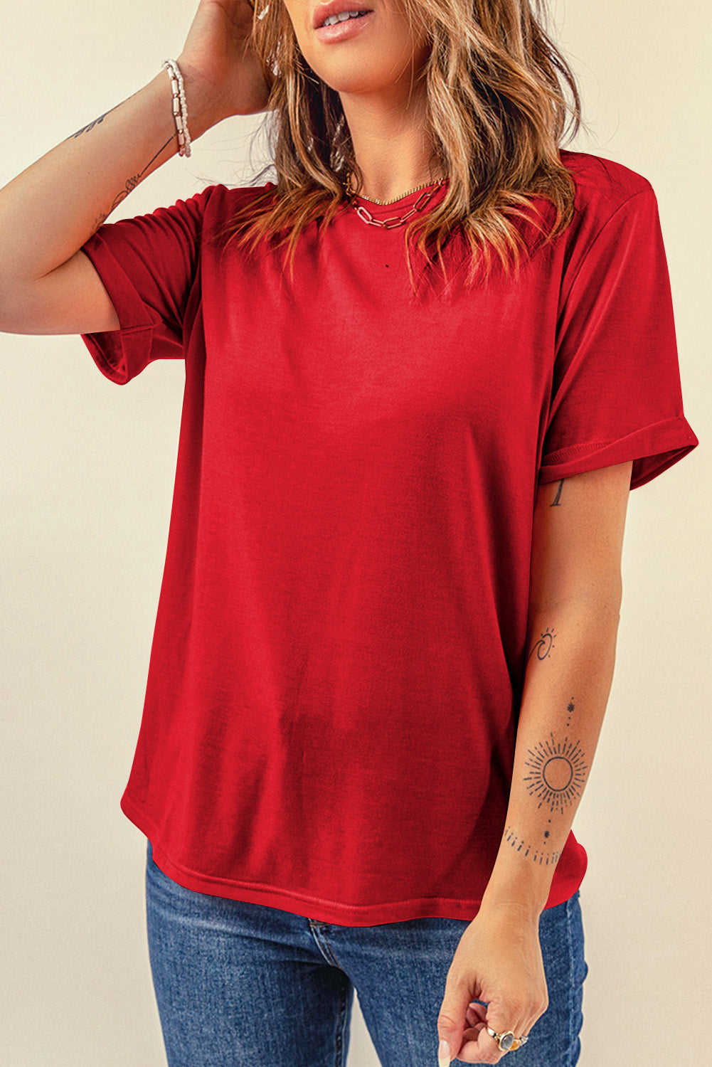 Women's Tee with Red Everyday Plain Crew Neck