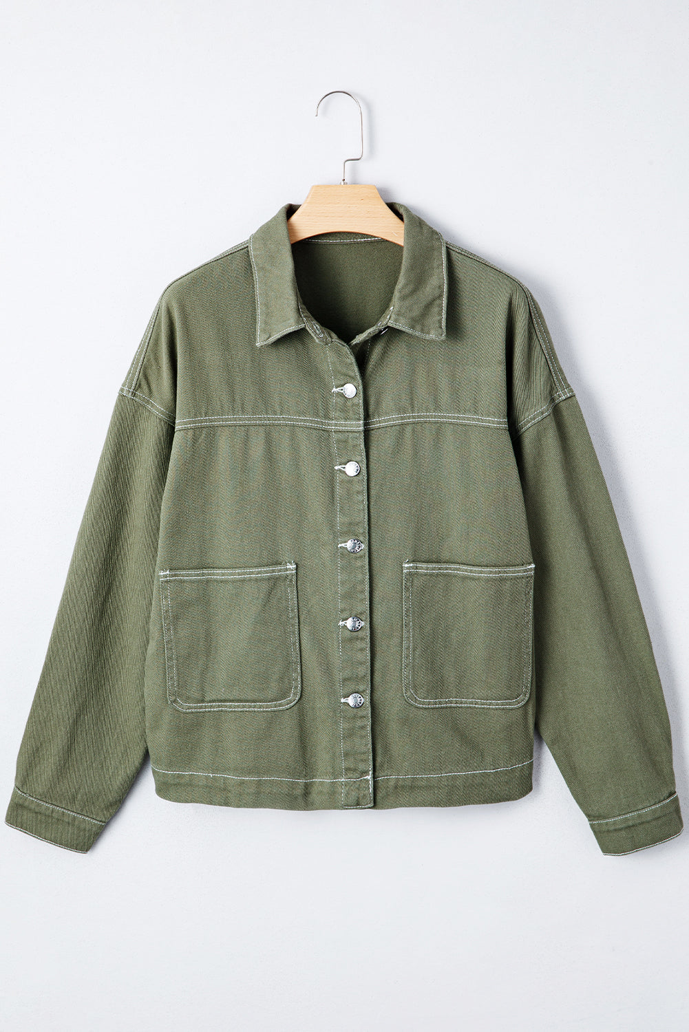 Collared Patched Pocket Button Front Boyfriend Denim Jacket