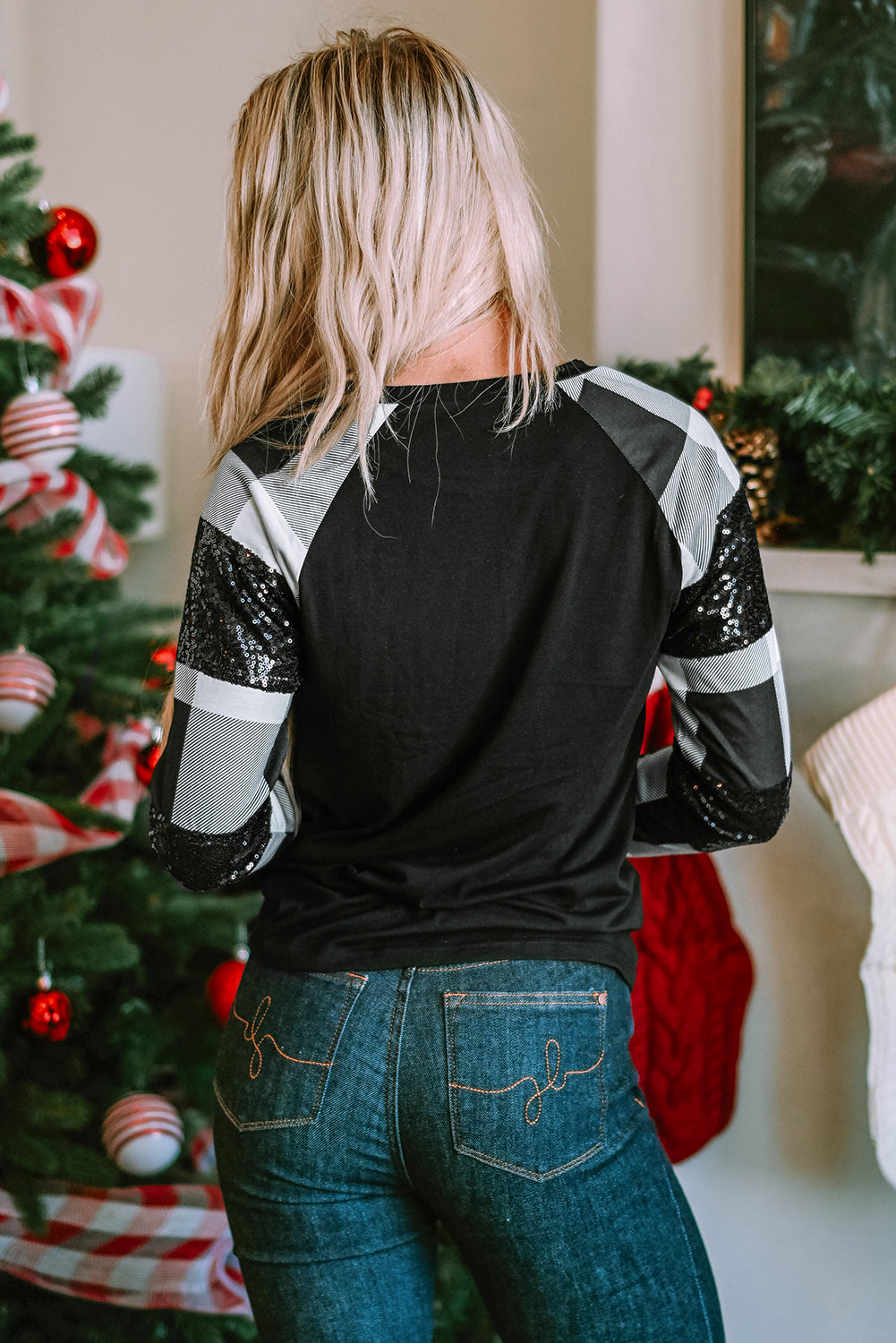 Top for Women Raglan-Sleeve Sequin Plaid