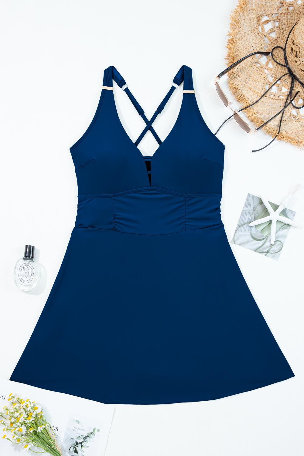 Solid Sail Blue Crossed Straps One Piece Swim Dress