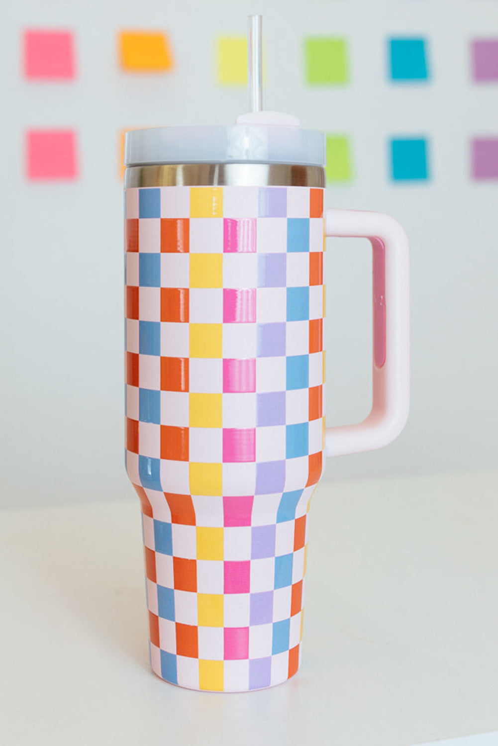 Checkered Print Colorful Print Handle Vacuum Cup 40oz