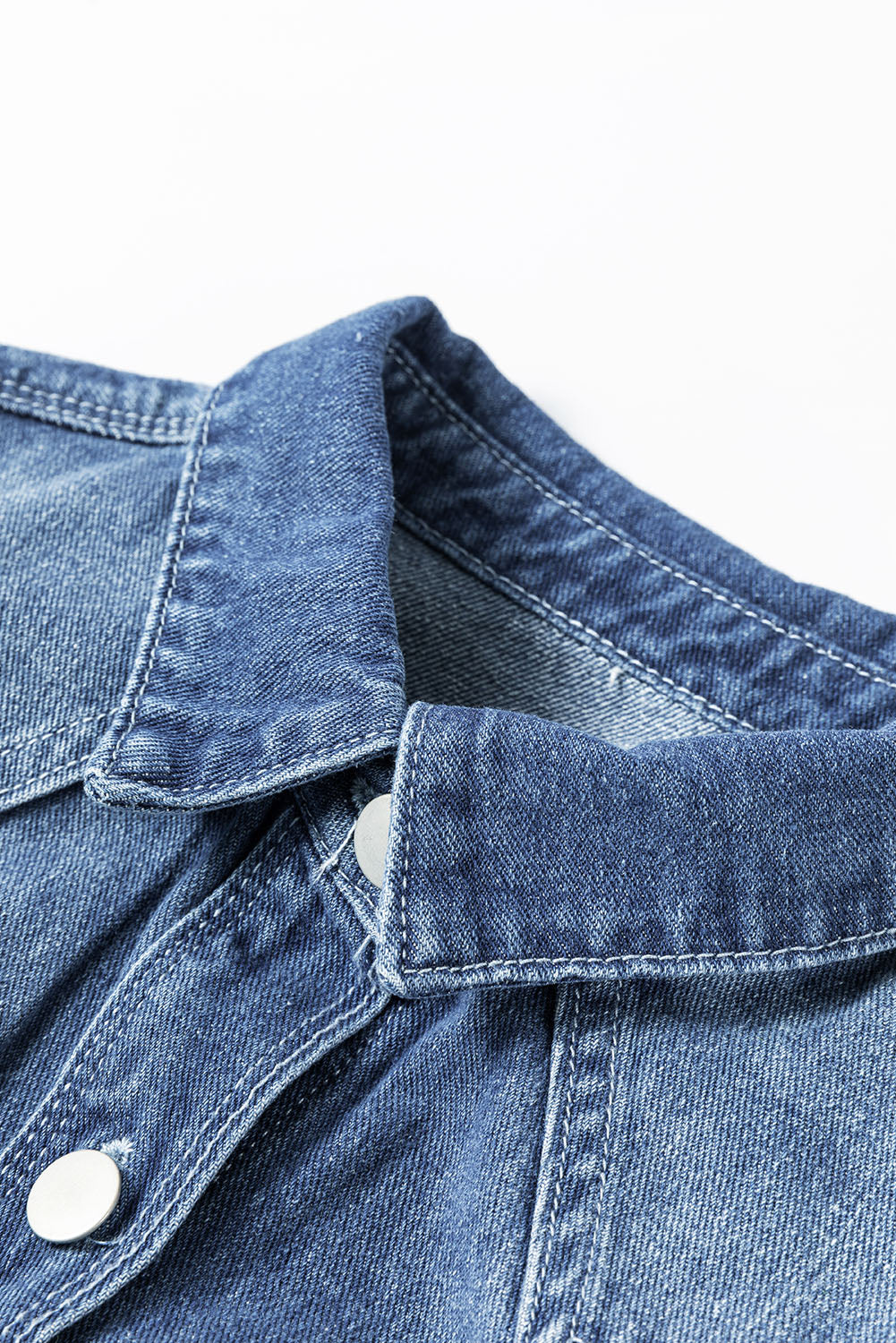 Light Frayed Wash Distressed Long Denim Jacket in Sky Blue