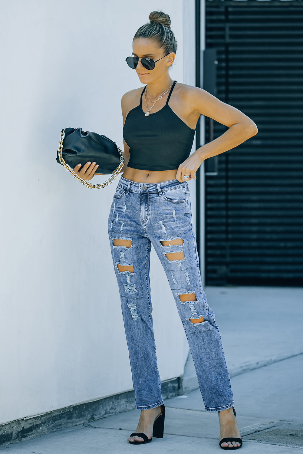 Women's Jeans Featuring Distressed Sky Blue Button-Front