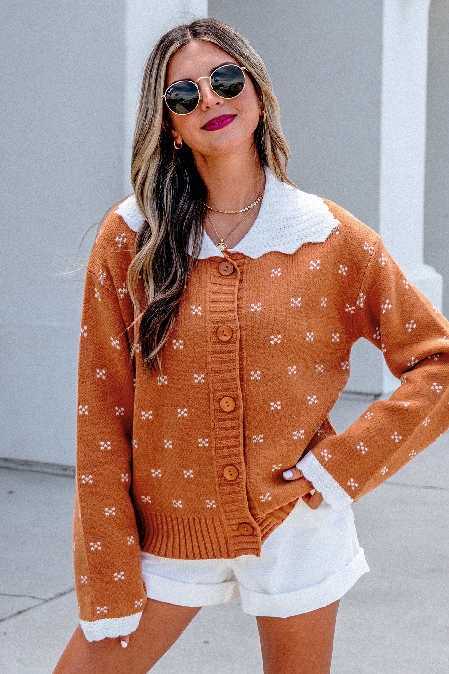 Peter Colorblock Pan Collar Long-Sleeved Knitwear Cardigan in Orange