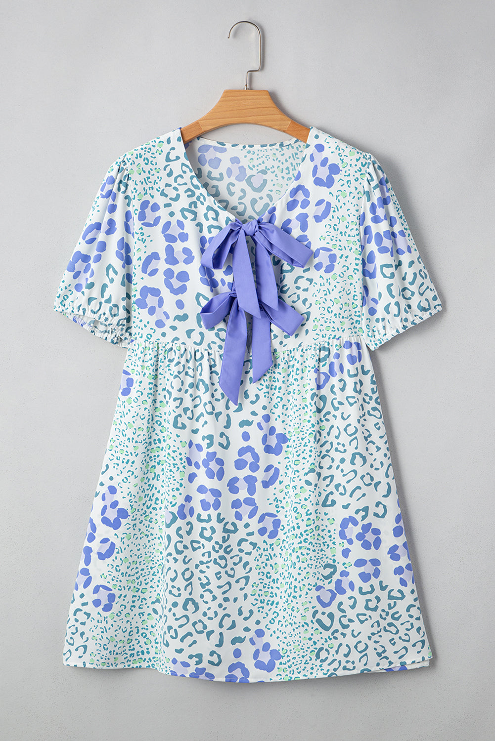 Bow Leopard Contrast Puff Sleeve Mini Dress