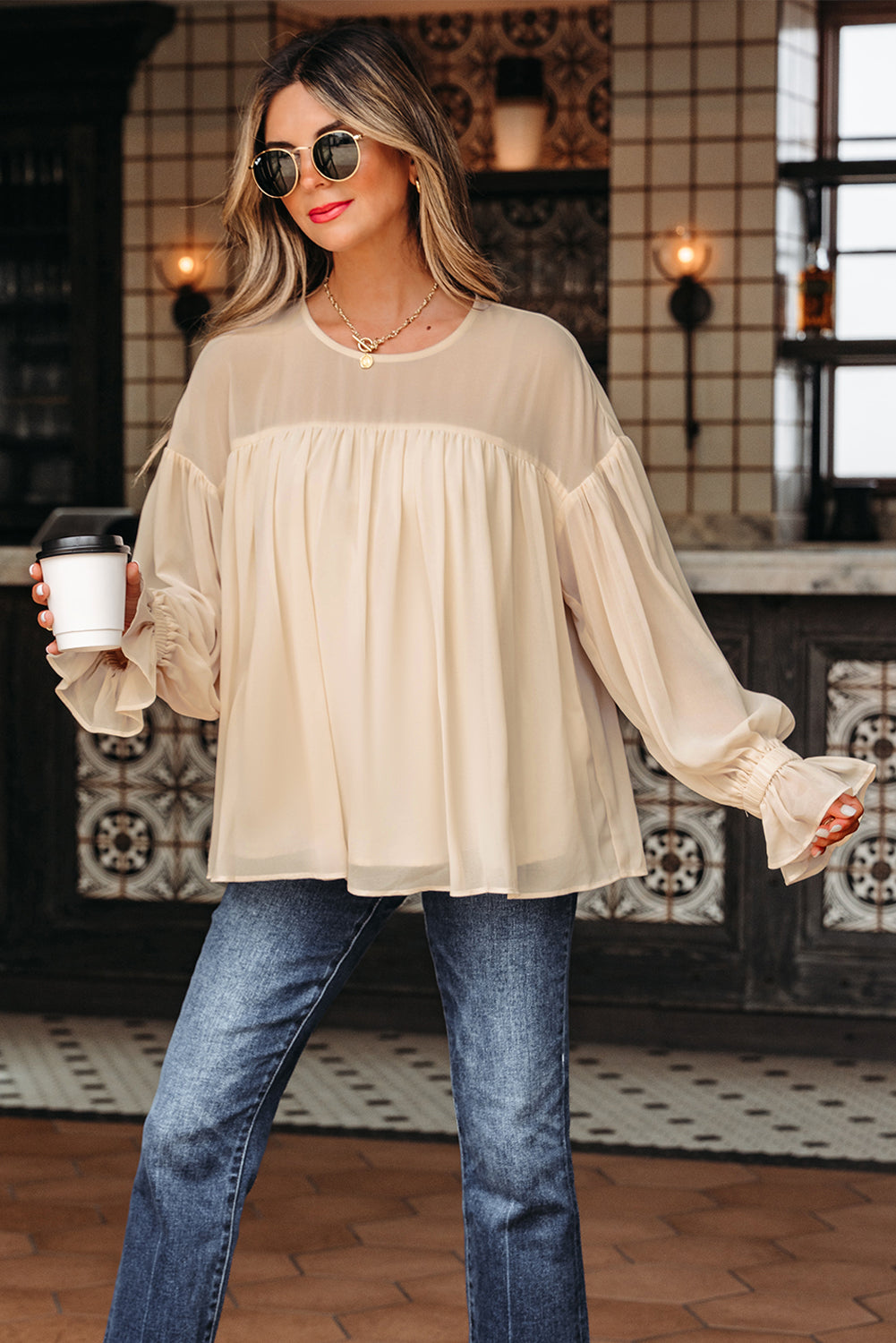 Pleated Ruffle Long-Sleeved Chiffon Blouse
