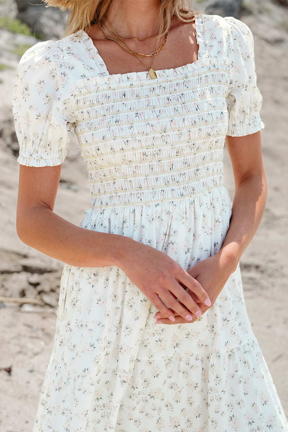 Women's Maxi Dress Featuring Layered Frill-Trimmed Shirred