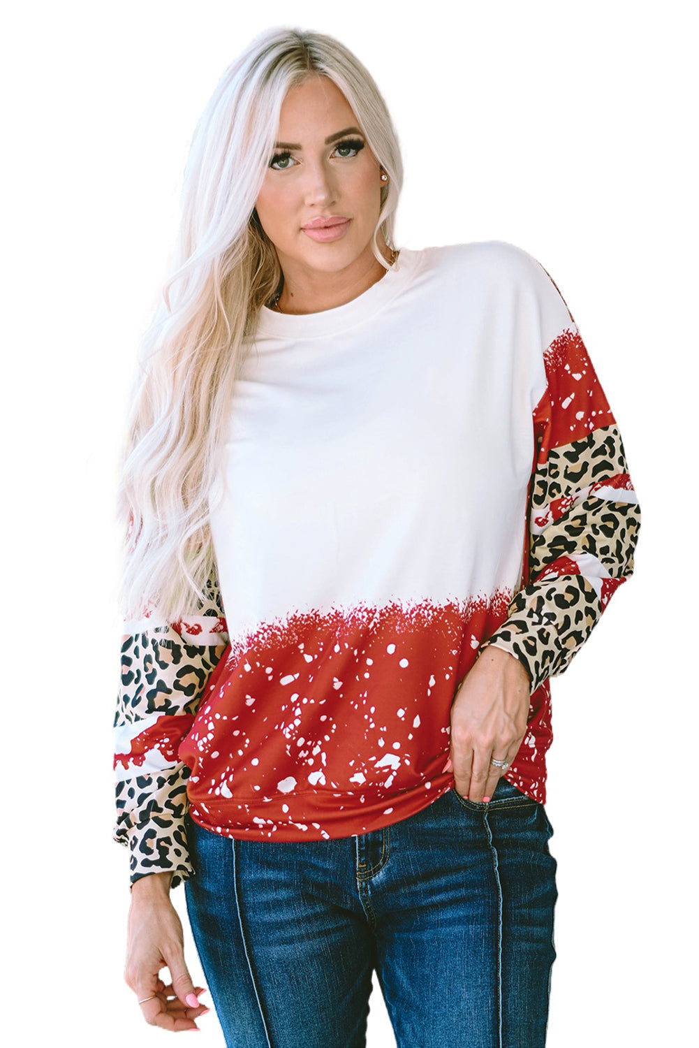 Women's Top with Tie-Dye Leopard-Print Long-Sleeve