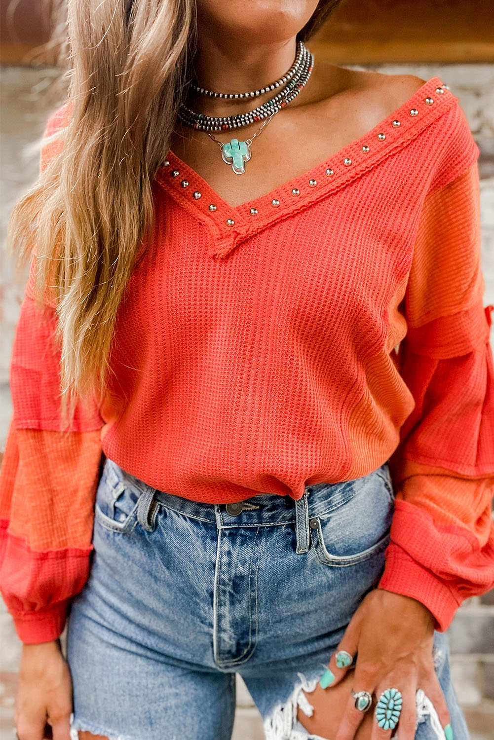 Women's Knit Top with Studded V Neckline Textured