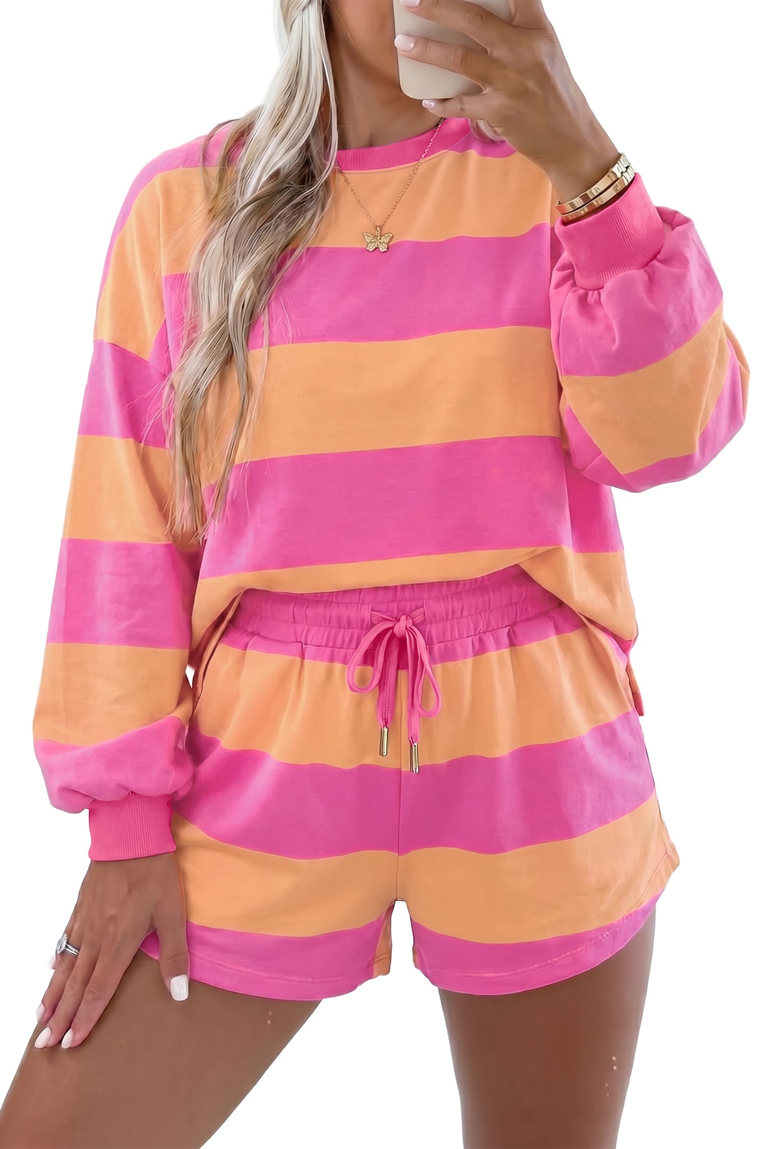 Stripe Top Long-Sleeved Everyday Drawcord Shorts 2-Piece Outfit in Pink