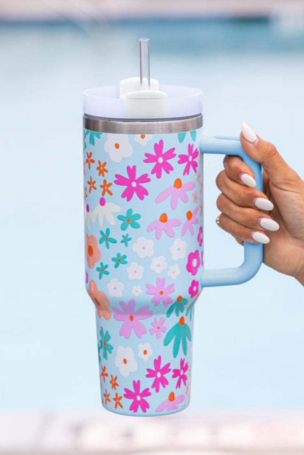 Cute Flower Pattern Handled Cup with Straw 40oz