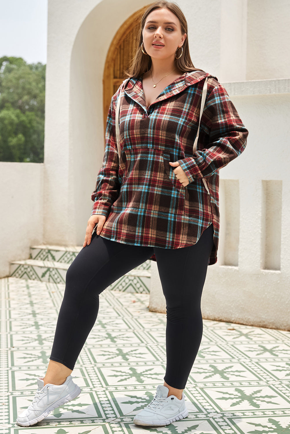Women's Hoodie with Plus Size Plaid Kangaroo