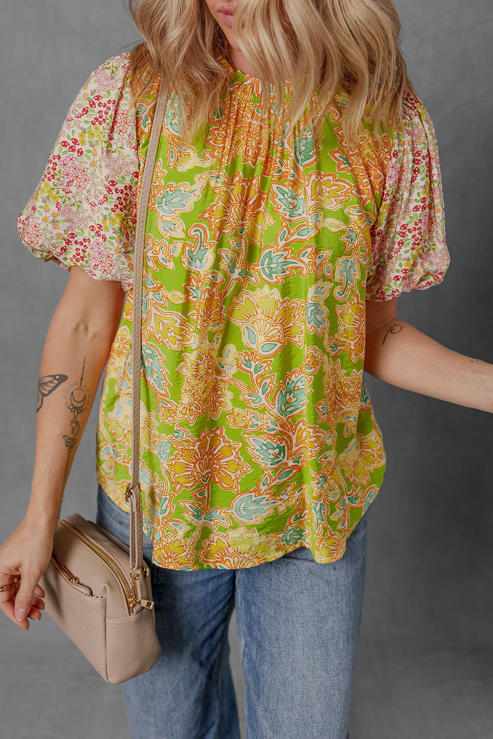 Printed Contrast Bubble Sleeve Patchwork Blouse