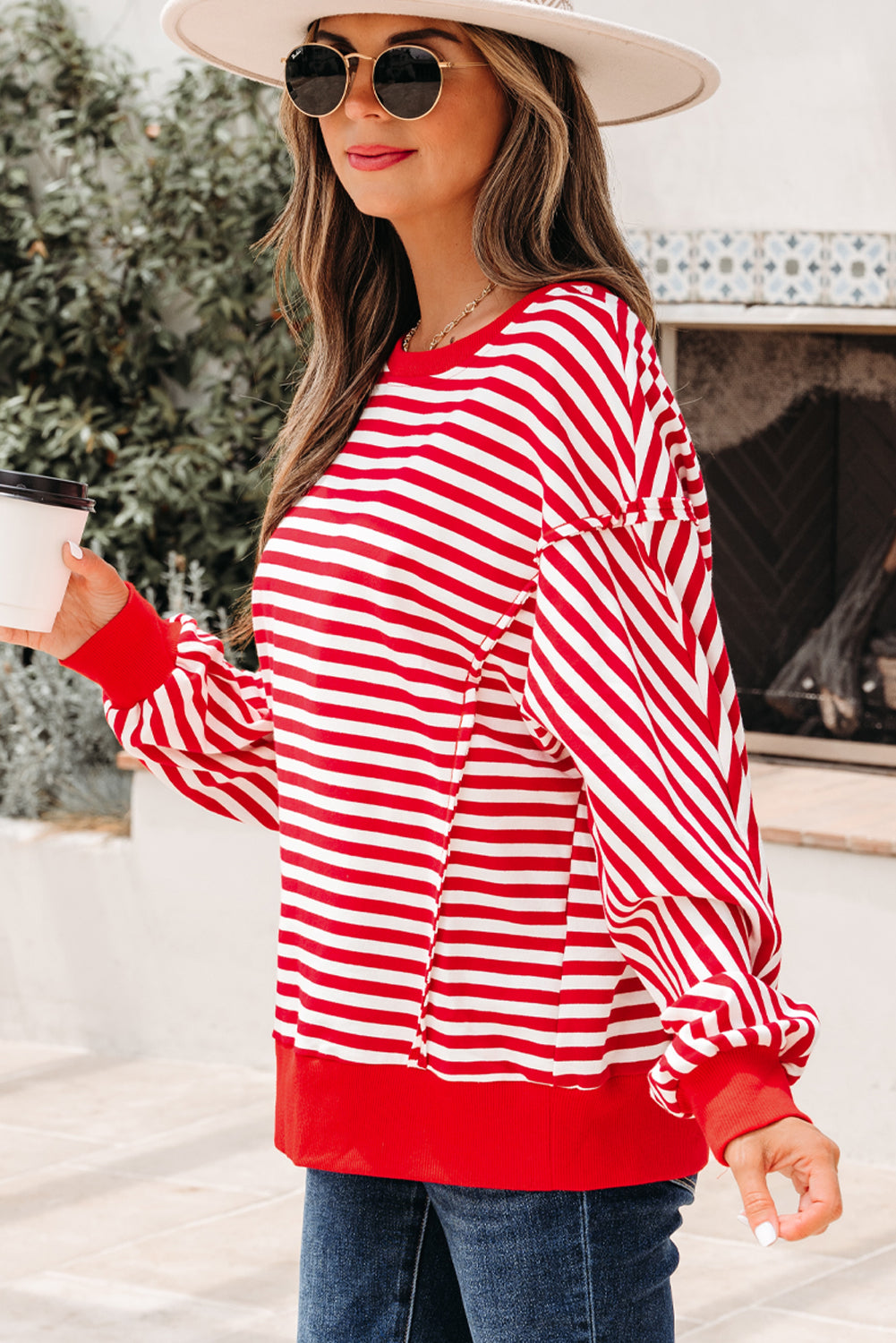 Exposed Seam Stripe Seam Cotton Everyday Pullover Top in Red