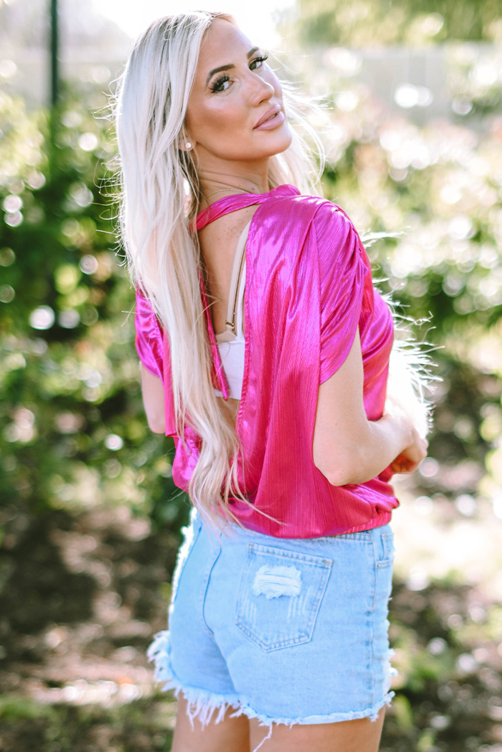Women's Ruched Sleeves Knotted Open-Back Blouse