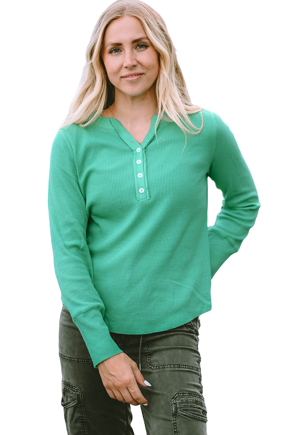 Women's Henley Top with Trimmed Waffle Knitted