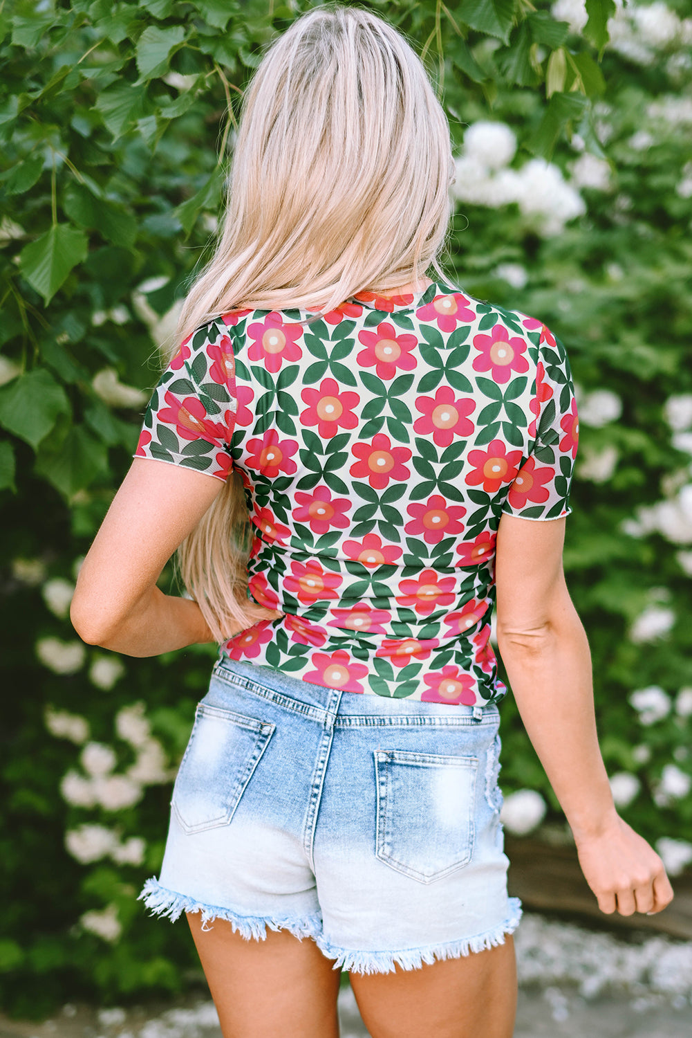 Women's T Shirt with Print Crew Neck Retro Floral-Print