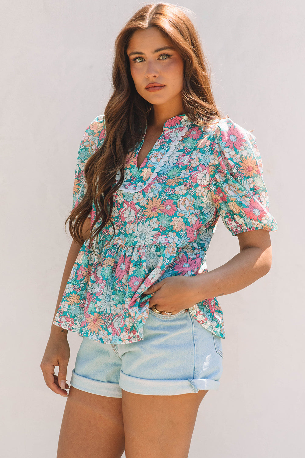 Notched Neck Puff Short Sleeve Floral Blouse
