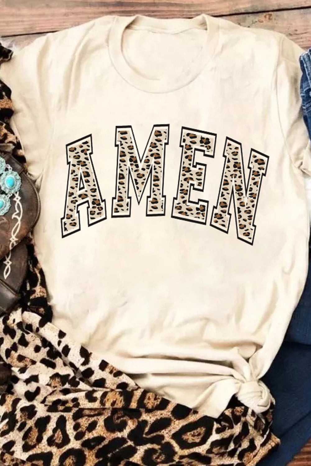 Women's T Shirt with Leopard-Print AMEN Graphic-Print