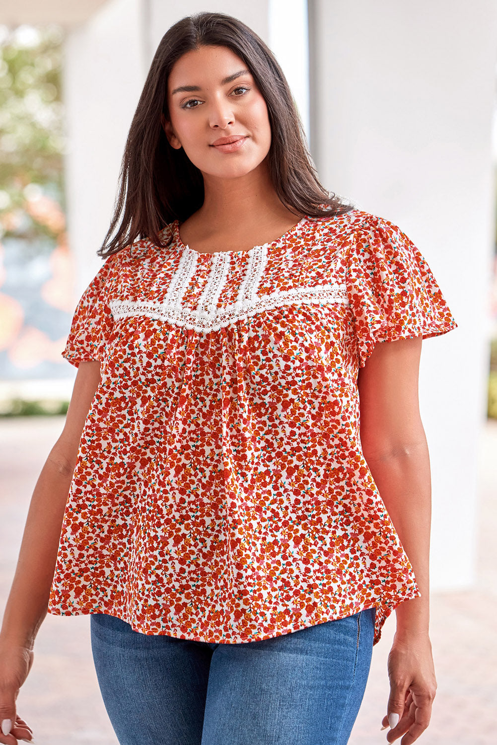 Women's Blouse Featuring Lace-Trimmed Trim Plus Ruffle-Trimmed Sleeve