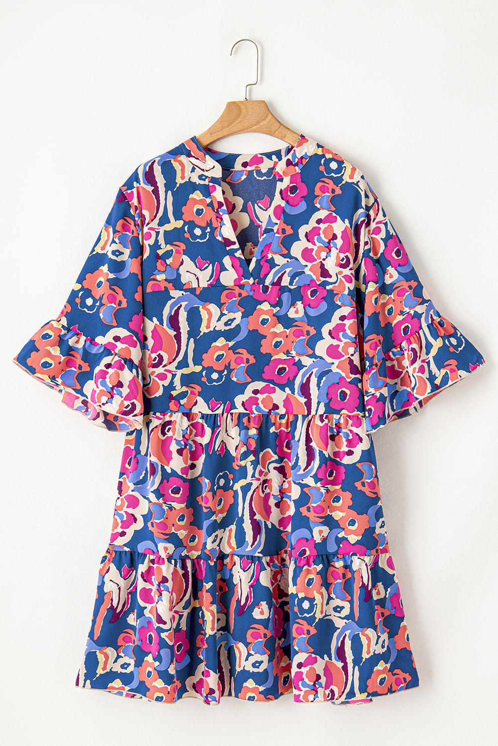 Women's Mini Dress with Ruffle-Trimmed Three-Quarter Sleeve Plus Size Floral-Print Print