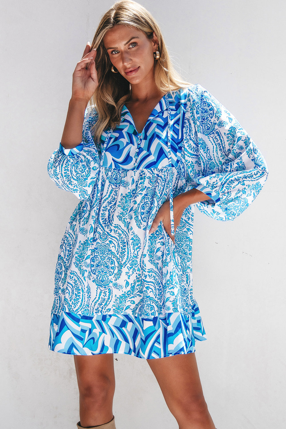 Women's Mini Dress with Flared Bohemian Puff Tie-Front