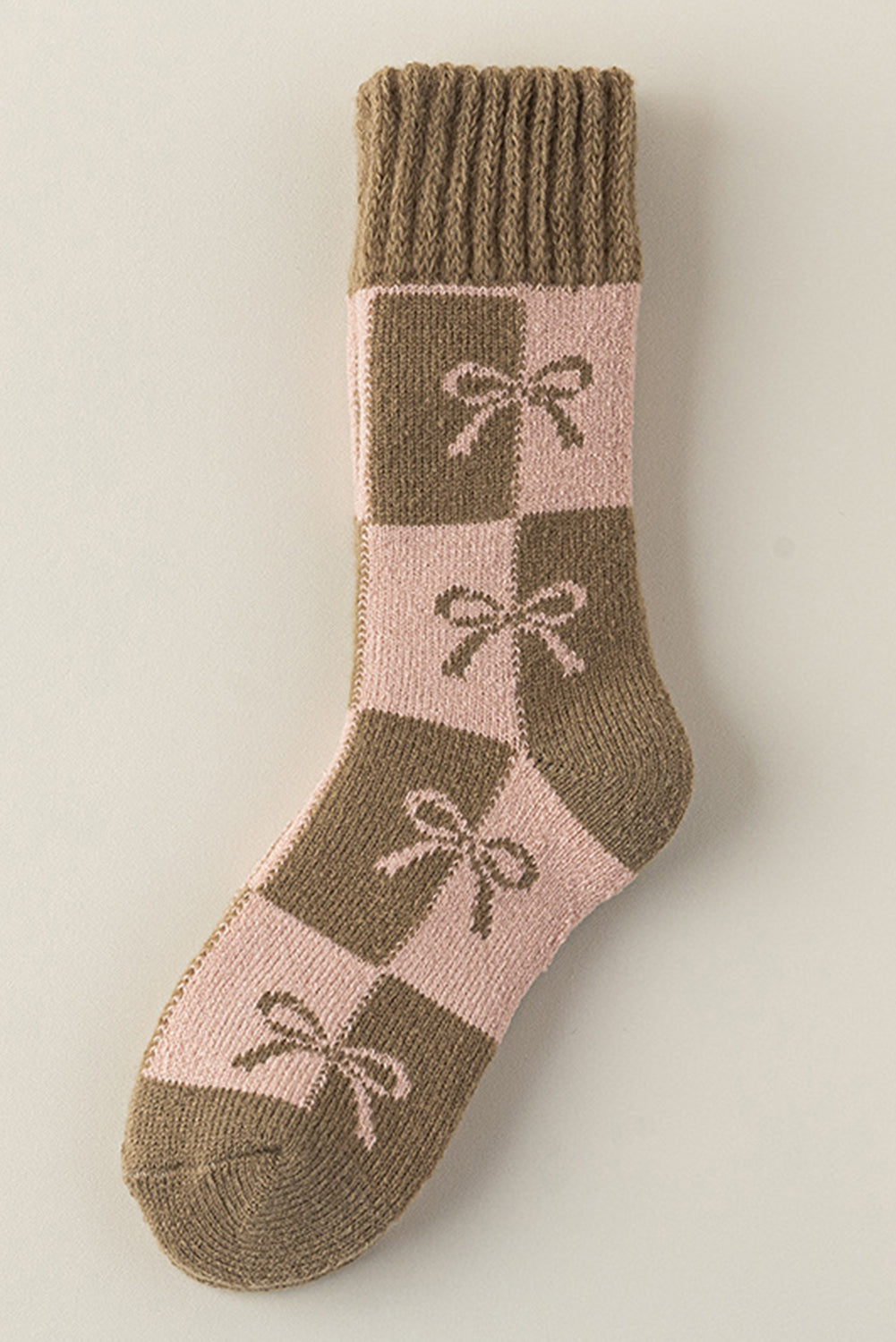 Checkered Bowknot Printed Thermal Mid Calf Socks