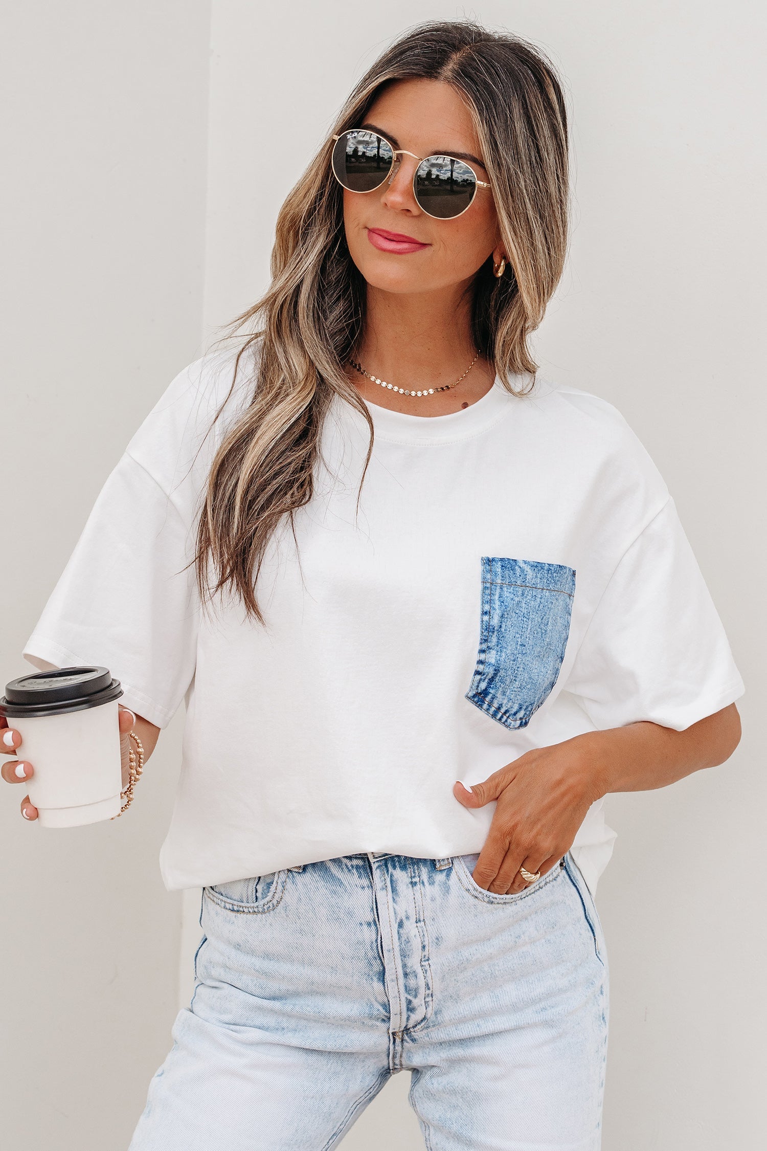 Colorblock Chest Pocket Patched Everyday Short-Sleeved Top in White