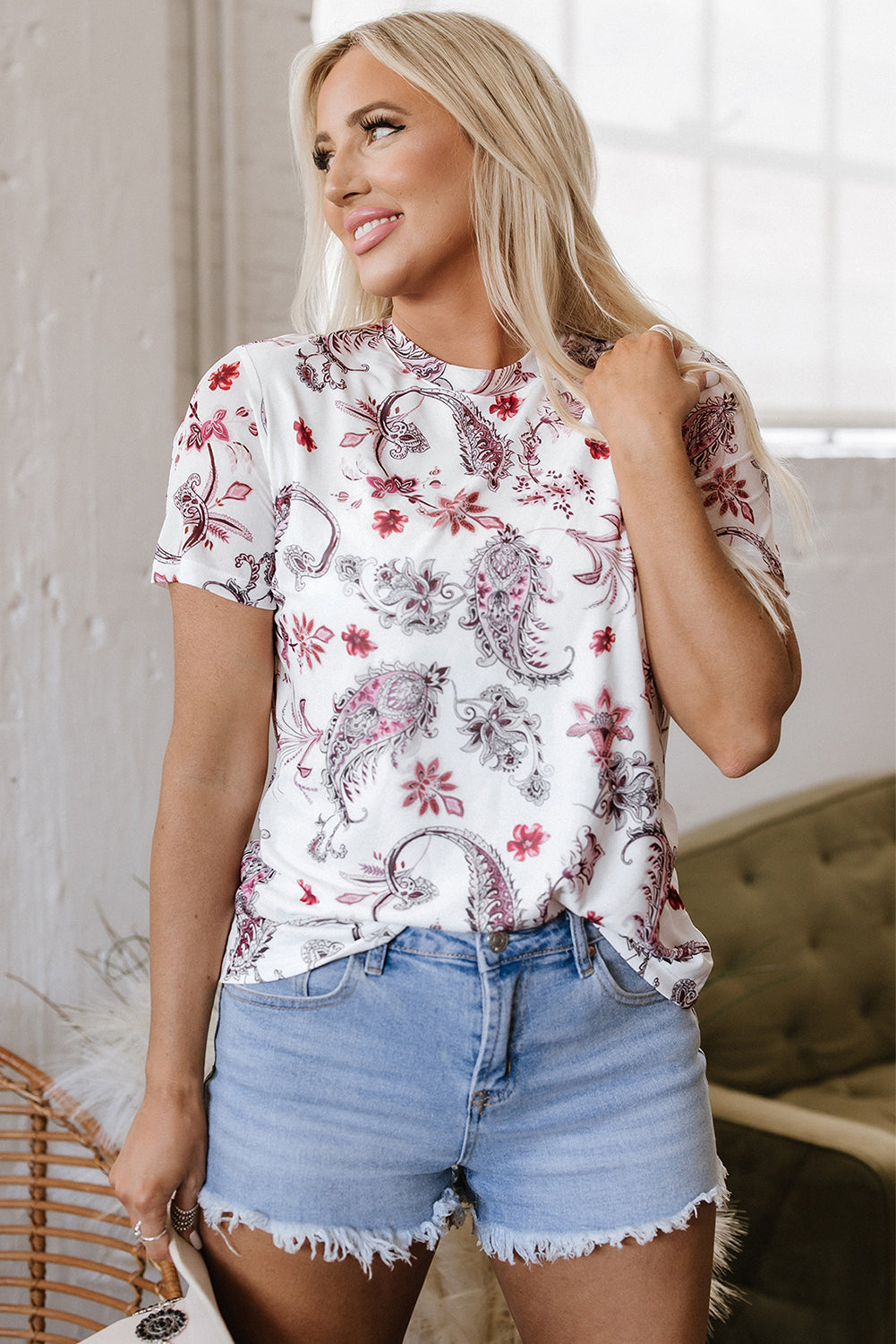 Vintage Paisley Mock Neck T Shirt