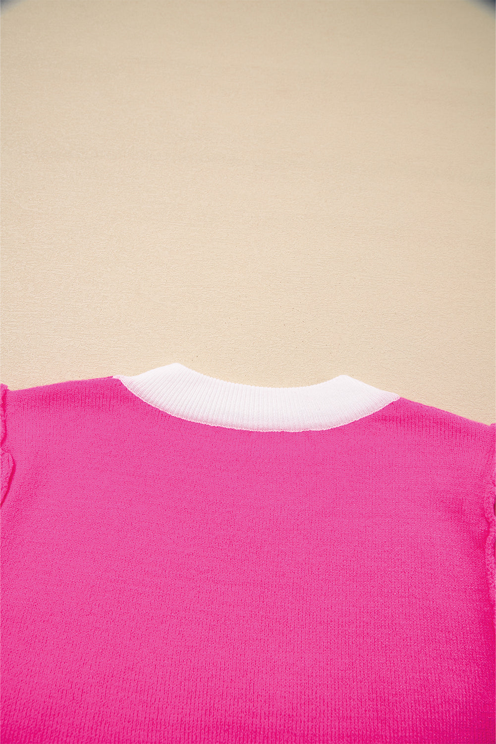 Graphic XOXO Embroidered Valentines Contrast Trim Crew-Neck Short Puff Sleeve Knit Top Tee