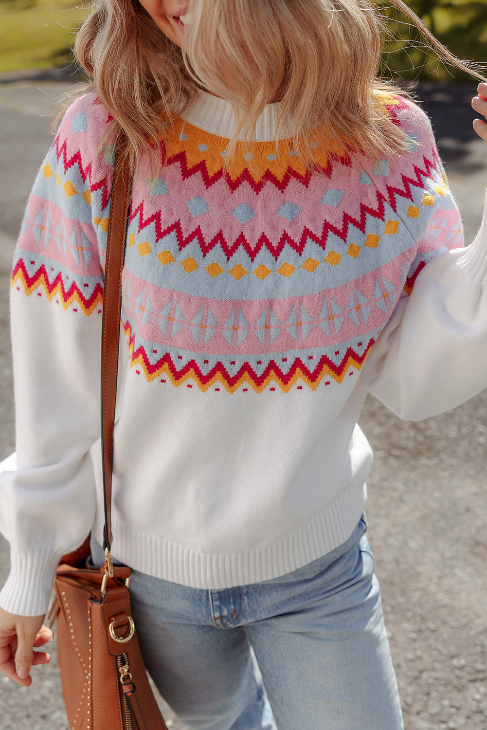 Colorblock Ethnic Geometric Print Drop-Shoulder Knit Top